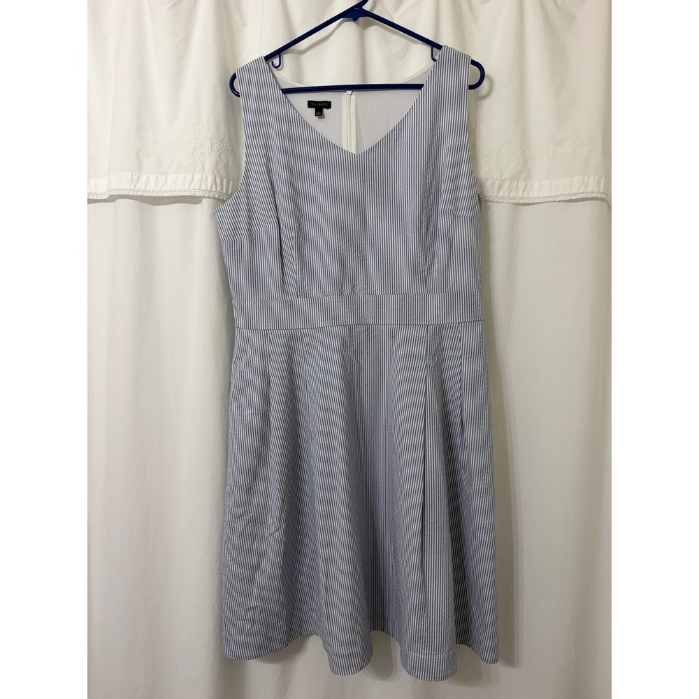 Talbots Blue White Seersucker Stripe V-Neck Fit Flare Dress Nautical Size 14 NEW